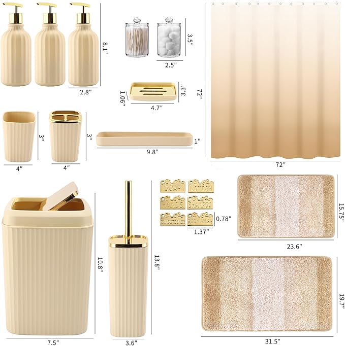 32PCS Bathroom Set Bathroom Sets with Shower Curtain and Rugs Beige Bathroom Accessories,Shower Curtain Set,Bathroom Rug Set with Bathroom Trash Can