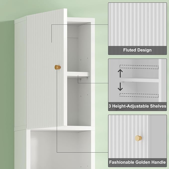 Qupui Fluted Bathroom Wall Cabinet, 31.5" Tall 4-Tier Narrow Medicine Cabinet Organizer with Adjustable Shelf & Doors, Wall Mounted Storage Cabinet for Bathroom, Laundry Room, Small Kitchen (White)