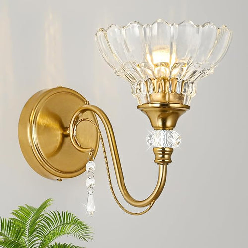 1 Piece Vintage Wall Sconce, 1-Light Brushed Gold Finish Wall Sconce with Hanging Crystal Accents and Flower-Shaped Clear Shades for Bathroom Bedroom Living Room,Vintage Vanity Light