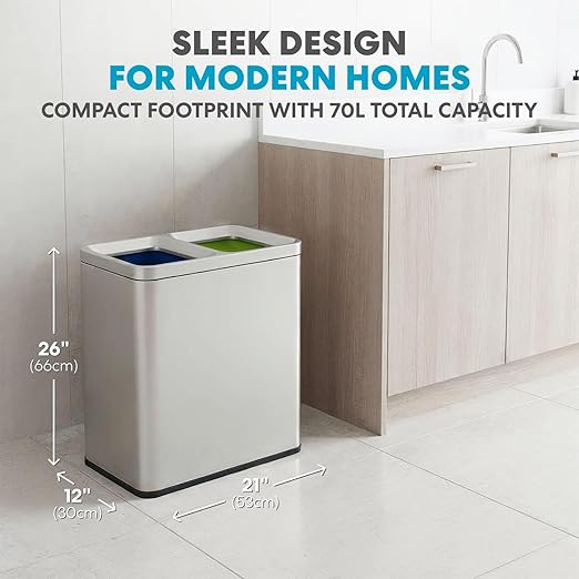 Simpli-Magic 70 Liter / 18.5 Gallon Rectangular Open Top Dual Compartment Recycling Trash Can, Stainless Steel (40L x 30L Capacity) Ideal for Restaurants, Coffee Shops, Gym and Households, 79655