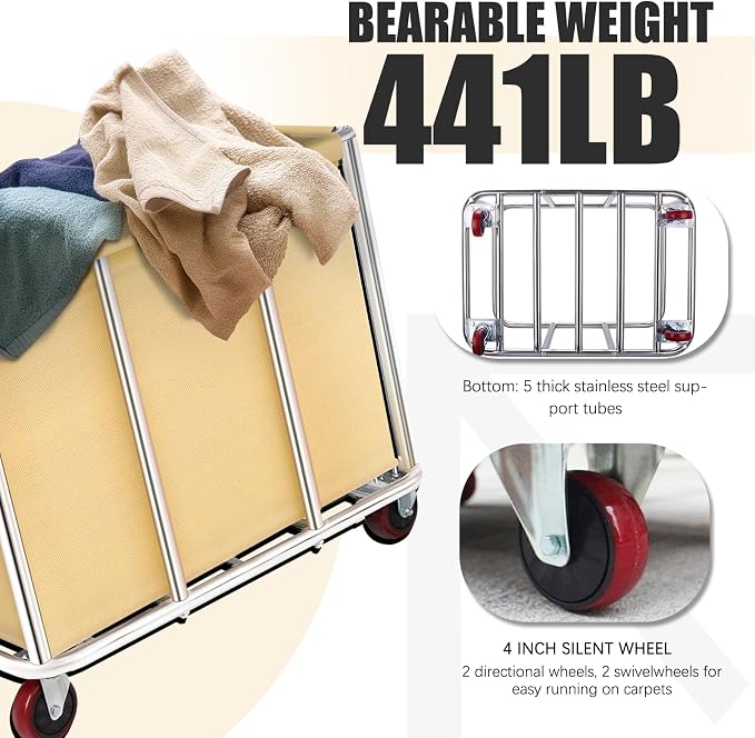 Commercial Laundry Cart with Wheels, 11.42 Bushel Large Laundry Rolling Bins with Removable Waterproof Canvas Lining Basket, Heavy Duty Stainless Steel Laundry Hampers for Hotels & Hospital
