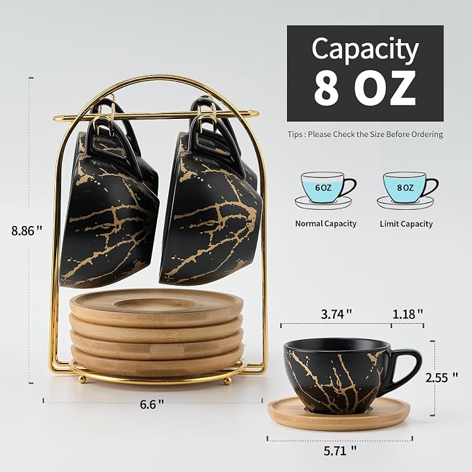 LUKA Ceramic Demitasse Espresso Cups Set with Saucers and Metal Stand, 8 oz Porcelain Stackable Cappuccino Cups Teacup For Tea, Espresso, Latte, Coffee, Cafe Mocha, Set of 4, Black