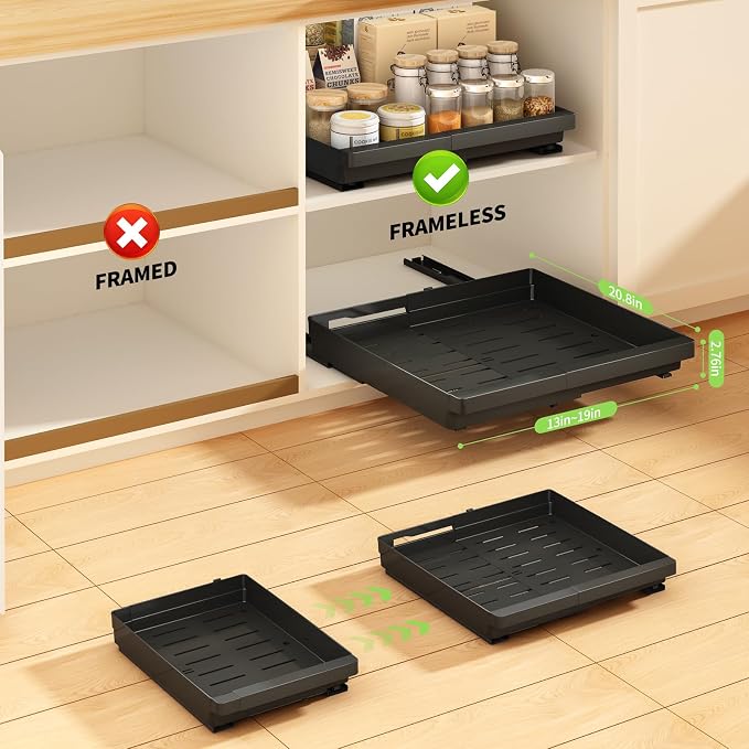 DOMNIU 2 Pack Pull Out Cabinet Organizers Expandable (13''-19''), Plastic Slide Out Drawers for Kitchen, Bathroom, Pantry, Under Sink Storage, Pull Out Drawers Fixed with Adhesive Nano Film (Black)