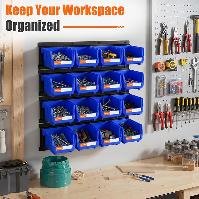 16pc Wall-Mounted Storage Organizer Set with Metal Rails Blue | Heavy duty tool organization box with metal rails. Ext 5"x4"x3" for garage screws nuts bolts.
