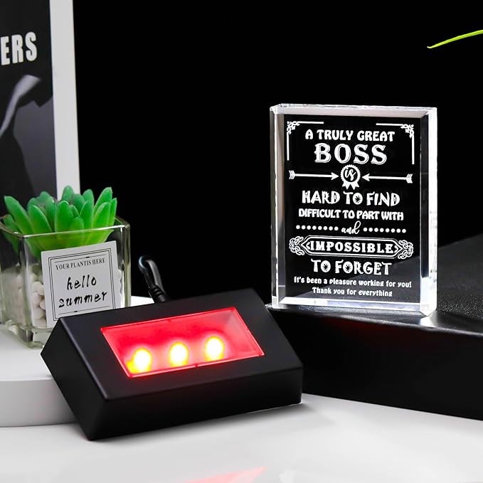 Movdyka Boss Gifts for Men Women Crystal Keepsake Best Boss Ever Appreciation Gifts for Boss Lady Christmas Boss Day Desk Decoration with Led Base