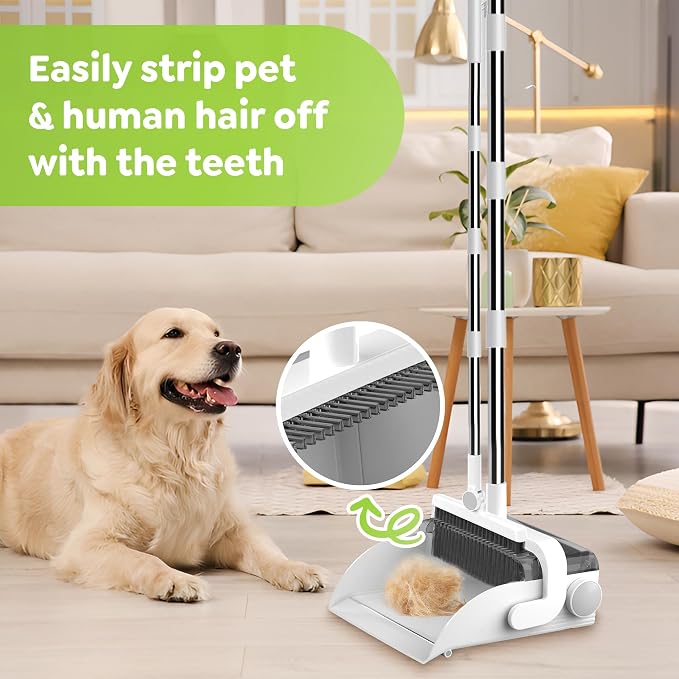 DustDockPro: Broom and Dustpan Set with Trashcan - Long Handle Upright Dust Pan with Teeth Comb, Angled Bristles for Pet Hair Removal, Compact Cleaning Kit for Kitchen Home Tiles Hard Floors