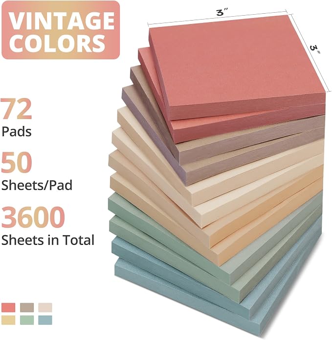 Sticky Notes, 3x3 Inch, 72 Pads, Aesthetic Self-Stick Note for Office, School and Home, Ideal for Planning, Notes and Organization, Vintage Colors