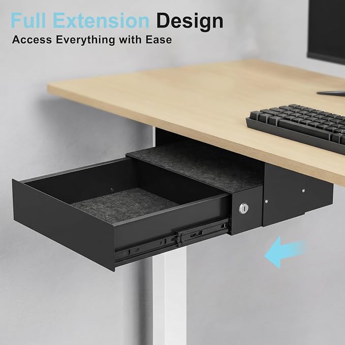 Under Desk Lockable Drawer, Slide-Out Storage Organizer with Full Extension Ball-Bearing Slides, Carbon Steel Undermount Drawer for Home Office Standing Desk, Black, 13.8 Inch
