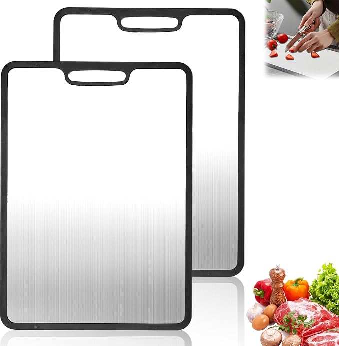 Titanium Cutting Board for Kitchen, 2 Pack, 14.1"x9.7" | 360° Silicone Anti-Slip Edge, Double Sided Food Grade Surface, Non-Toxic, for Raw Meat/Fish/Vegetables/Meal Prep