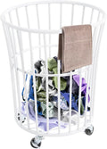 Rolling Laundry Hamper with Wheels Metal Wire Laundry Basket Cart Heavy Duty Clothes Toy Sundries Storage Organize Hamper Bin for Living Room Bathroom Closet Bedroom (White, Round 4)
