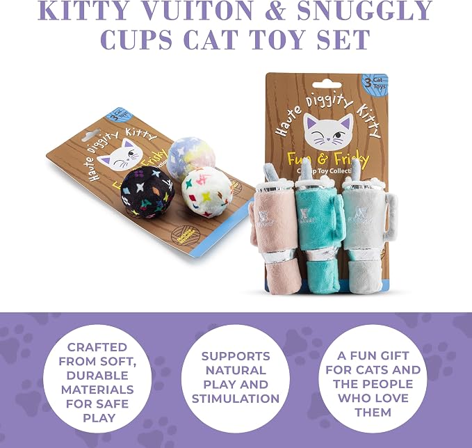 Haute Diggity Kitty Vuiton Monogram Balls + Snuggly Cups Set, Plush Cat Toys Catnip Filled with Interactive Crackle Sound, Safe & Durable Toys for Cat & Kitten, 6 Pcs
