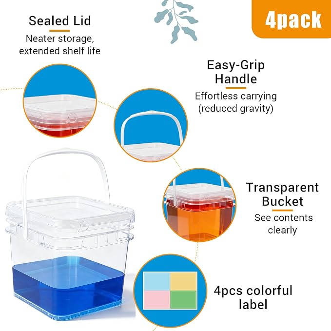 Bucket with Lid - 4 Packs Square Clear Plastic Storage Containers, Food Safe with Handle, Airtight Pressure Lids for Kitchen & Home(Clear, 68 oz)