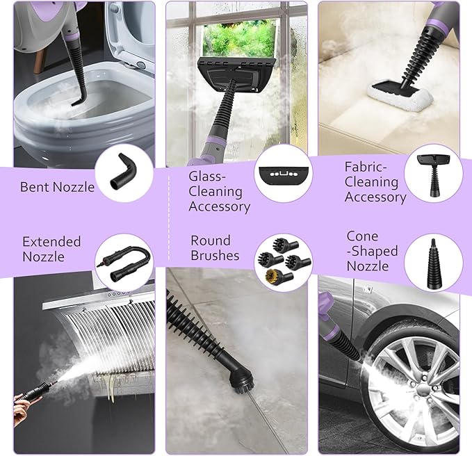 Phueut Pressurized Handheld Multi-Surface Natural Steam Cleaner with 12 pcs Accessories, Multi-Purpose Steamer for Home Use, Steamer for Cleaning Floor, Upholstery, Grout and Car (Purple)