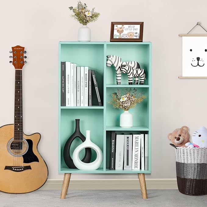 LEYAOYAO 5 Cube Bookshelf, Mid-Century Modern Book Shelf with Legs, Green | 3 Tier Bookcase, Rustic Wood Bookshelves Freestanding Small Storage Organizer, Open Shelves for Bedroom, Living Room, Office
