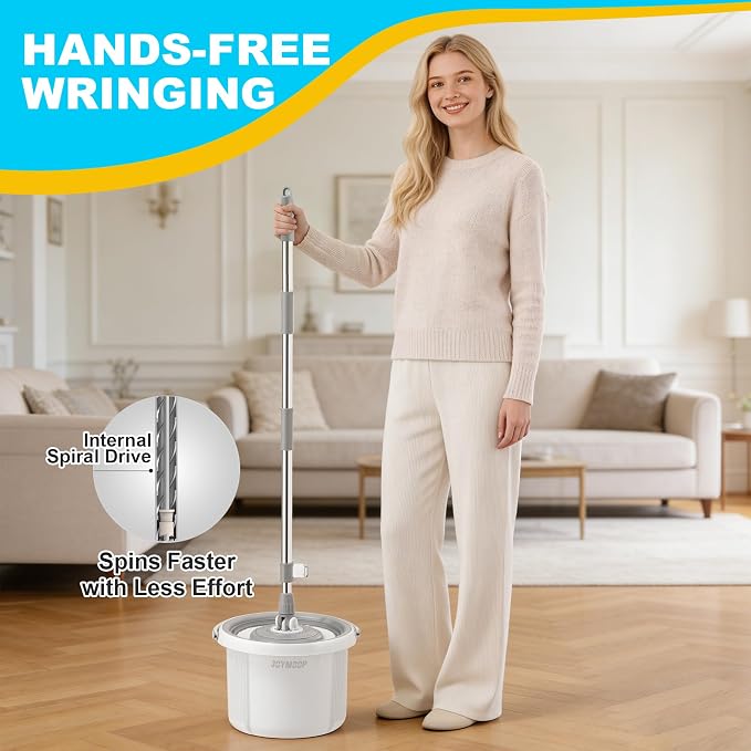 JOYMOOP Spin Mop and Bucket Set, 360° Mop Head & Telescopic Handle, 3 Reusable Microfiber Pads, Wet and Dry Use, Hands-Free Cleaning for Hardwood, Tile, Laminate Floors & Walls
