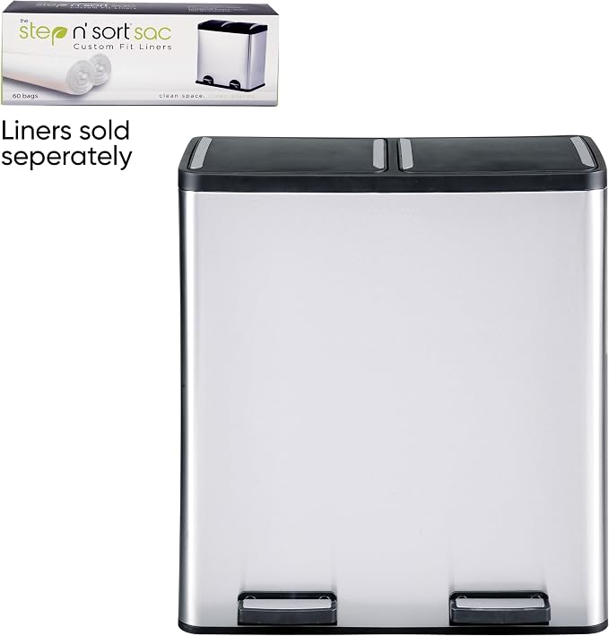 Step N' Sort The 18.5 Gallon Extra Large Capacity, Soft-Step, Dual Trash and Recycling Bin with Removable Inner Bins, Silver