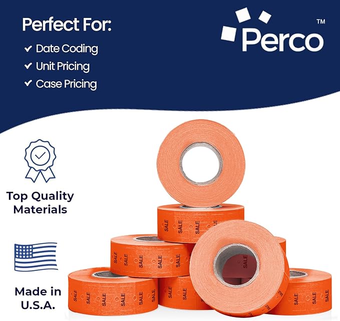 Perco 1 Line Fluorescent Red Sale Labels - 8,000 Blank Price and Date Gun Labels for Perco Lite, X, Plus and Pro 1 Line Price and Date Guns- 8 Rolls, 1 Sleeve - Made in USA