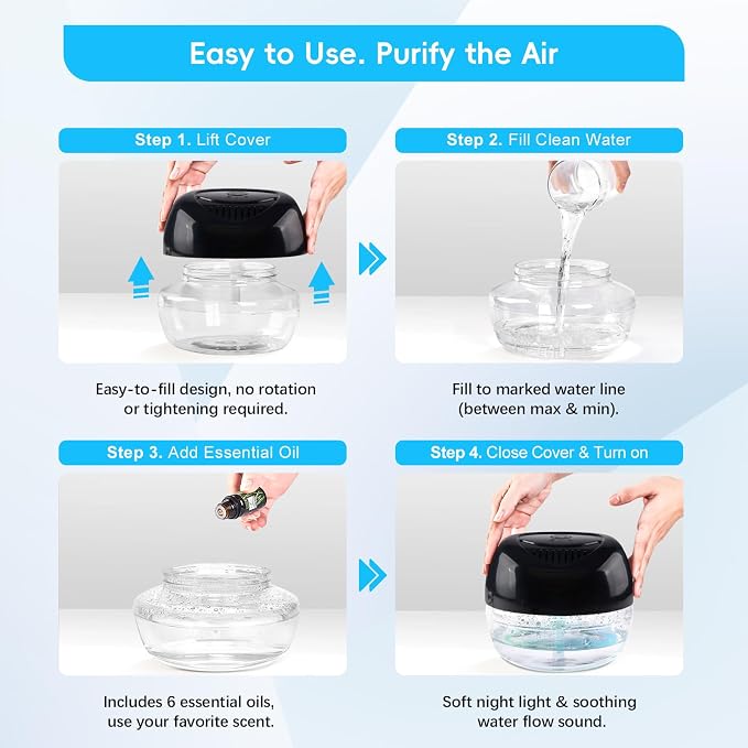 Water Based Air Purifier with Essential Oil Diffuser Pack, Air Washer with 7 Color LED Night Light, Air Revitalizer Includes 6x10ml Essential Oil Aroma Diffuser for Home, Office, Pet