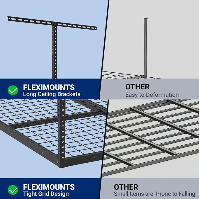 FLEXIMOUNTS 4x4 Overhead Garage Ceiling Storage Rack Organization, Black | 350lbs Weight Capacity, 22"-40" Adjustable Organization System, Heavy-Duty Metal Ceiling Racks, Classic Series