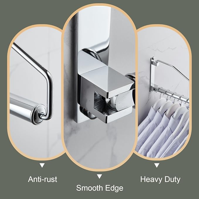 NEWRAIN Laundry Hanger, Wall Mounted Clothes Hanger with Swing Arm Holder Brass Hanging Drying Rack Space Saver,Chrome (Pack of 3)