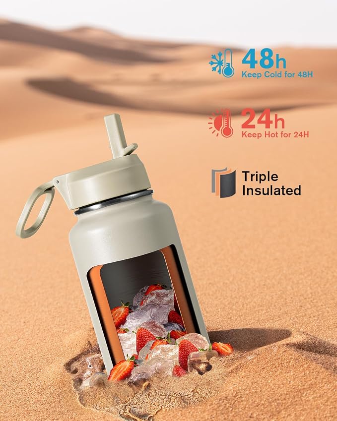Coolflask Water Bottle Insulated with Straw & 3 Lids, 40 oz Water Jug Large Metal Stainless Steel Wide Mouth for Sports, Gym or Office, Non-BPA Keep Cold 48H Hot 24H, Greige