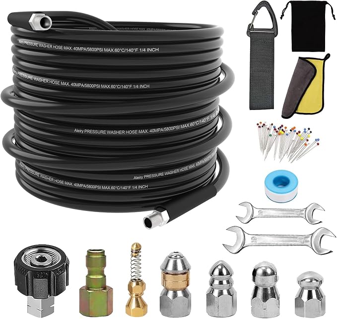 Sewer Jetter Kit for Pressure Washer,Water Jet Drain Cleaning Hose with Corner Rotating Button Spring Nose 1/4" NPT Sewer Cleaning Tool High-Pressure Nozzles,5800 PSI 50 FT