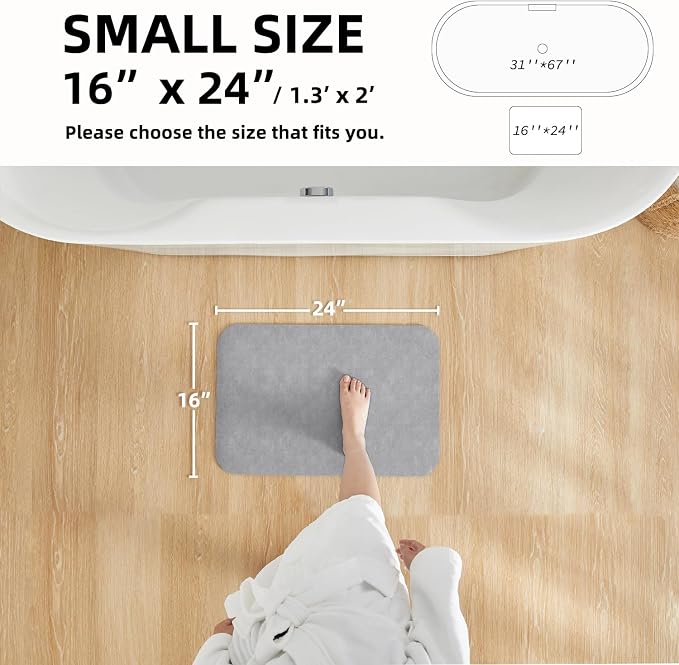 TYUU Bathroom Mat Quick Dry, Bathroom Rugs Non Slip Washable Thin Absorbent Bath Mat Fits Under Door Bathroom Floor Mat Perfect for Bath, Shower, or Sink 16"x24" Light Grey