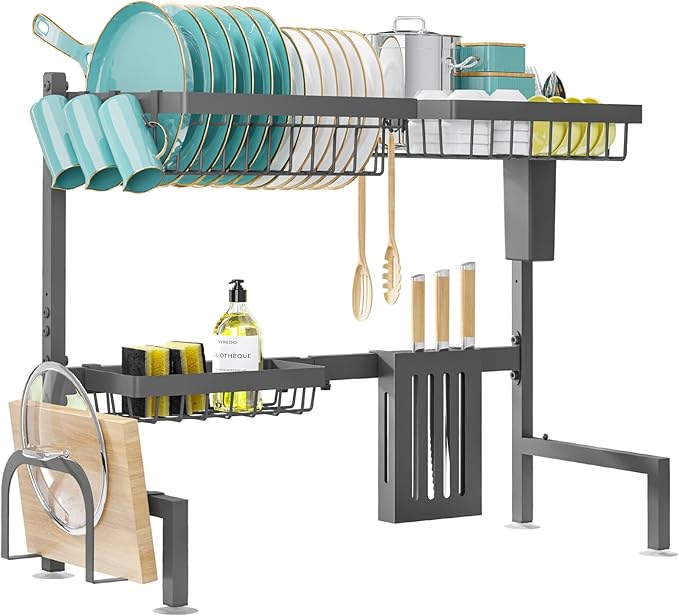 Sakugi Over The Sink Dish Drying Rack - Adjustable 2 Tier Large Capacity Stainless Steel Drainer with Cutlery & Utensil Holders, Kitchen Storage & Organization, 30"-33.9" L x 11" W x 21.5" H, Gray