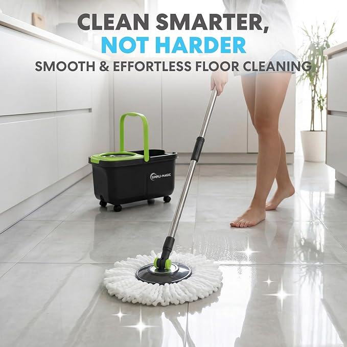 Simpli-Magic 360° Spin Mop and Bucket with Wringer – 3 High-Absorbent Microfiber Washable Heads, Soap Dispenser – Spinning Mop and Bucket Set for All Types Floor Cleaning