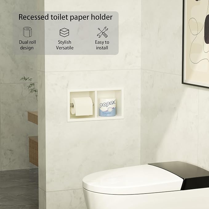 Neodrain Dual Roll Recessed Toilet Paper Holder - 304 Stainless Steel, Hidden in-Wall Design, Simple Loading and Unloading, Space-Saving for Modern Bathrooms（White