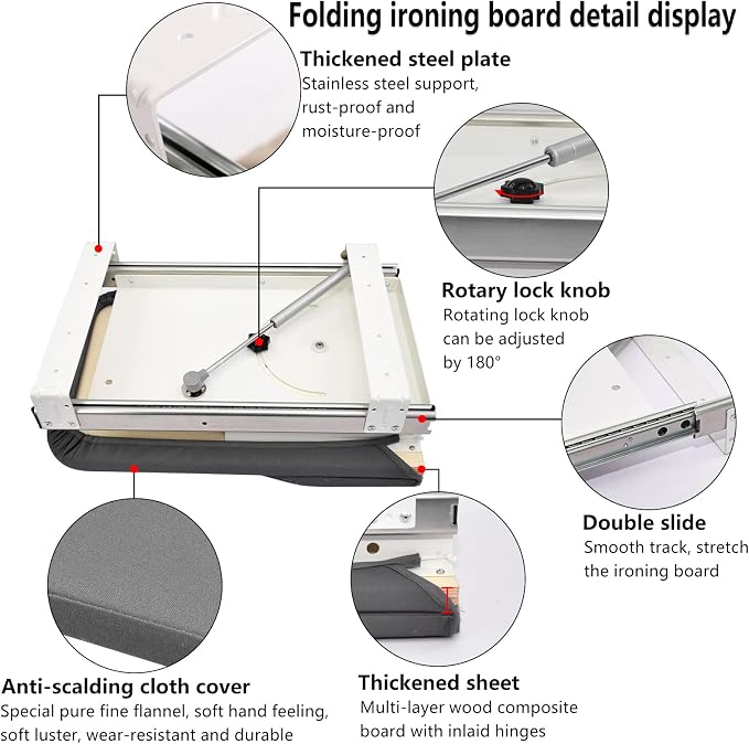 AKOZLIN Retractable Pull Out Ironing Board Closet Sliding Out Swivel Iron Board Mounted in Drawer with Heat Resistant Ironing Cover, Board Size: 31.88"*13", Gray