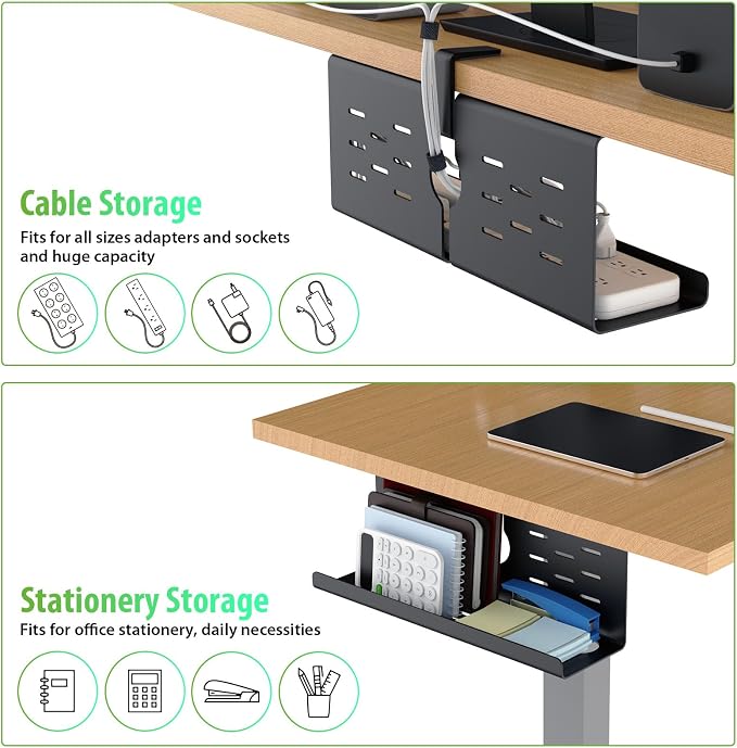 KEEGH 16'' Under Desk Cable Management Tray, No Drill Clamp Mount, Sturdy Metal Cable Tray for Power Strip, Cord Management Tray for Home Office, Gaming Desk, Standing Desk, Black, 1 Pack