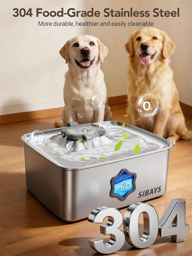 SIBAYS 4Gal/15L Dog Water Fountain, Stainless Steel Pet Water Fountain with Water Level Window & LED Light, Quiet Automatic Dog Water Bowl Dispenser for Large Dogs & Multi-Pet, Easy to Clean FS81