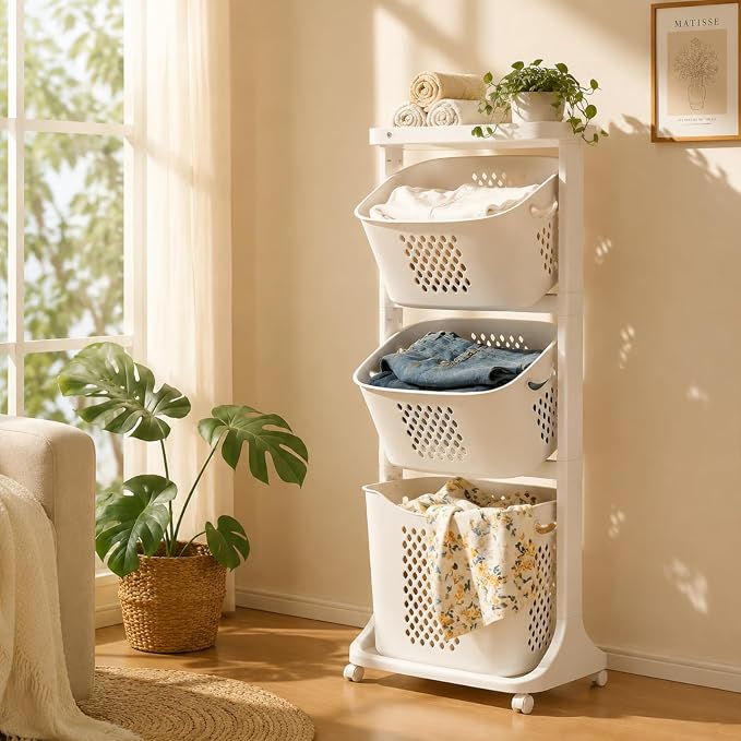 3 Tier Rolling Laundry Hamper Large Capacity Clothes Storage Basket Sorter Cart,White Organizer Shelf with Handle,Household Utility Basket for Bathroom Bedroom Kitchen Laundry Room