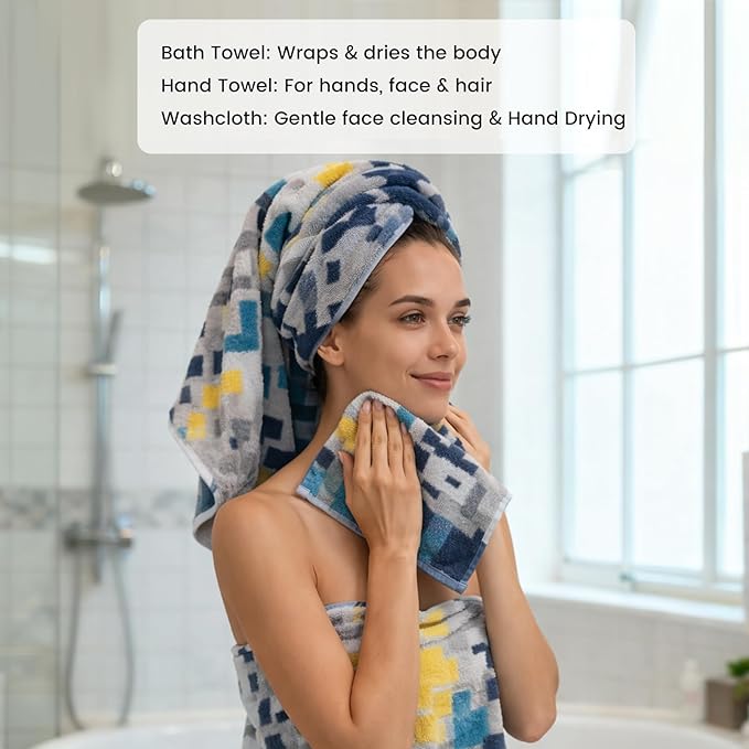 SEMAXE Bath Towel Set, 8 Piece Towel Set for Bathroom, Quick Dry Cotton Towels with Hanging Loops, Easy Care, Geometric Pattern
