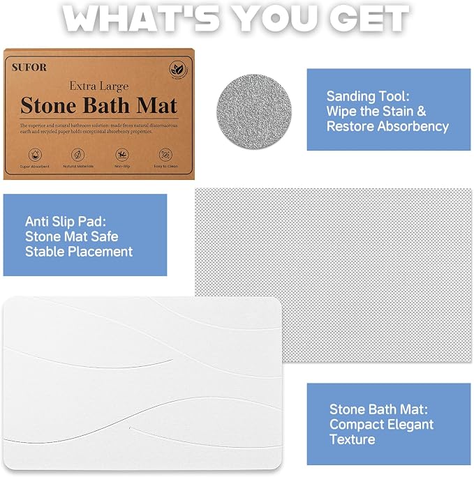 32"x20" Stone Bath Mat, Diatomaceous Earth Shower Mat, Non-Slip Super Absorbent Quick Drying Bathroom Floor Mat, Natural, Easy to Clean (Milky White)