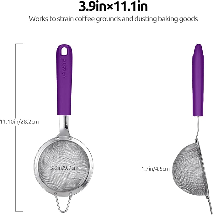 U-Taste 10 Piece Measuring Cups and Spoons Set in 18/8 Stainless Steel, and 18/8 Stainless Steel 3.9 inch 30 Mesh Strainer (Purple)