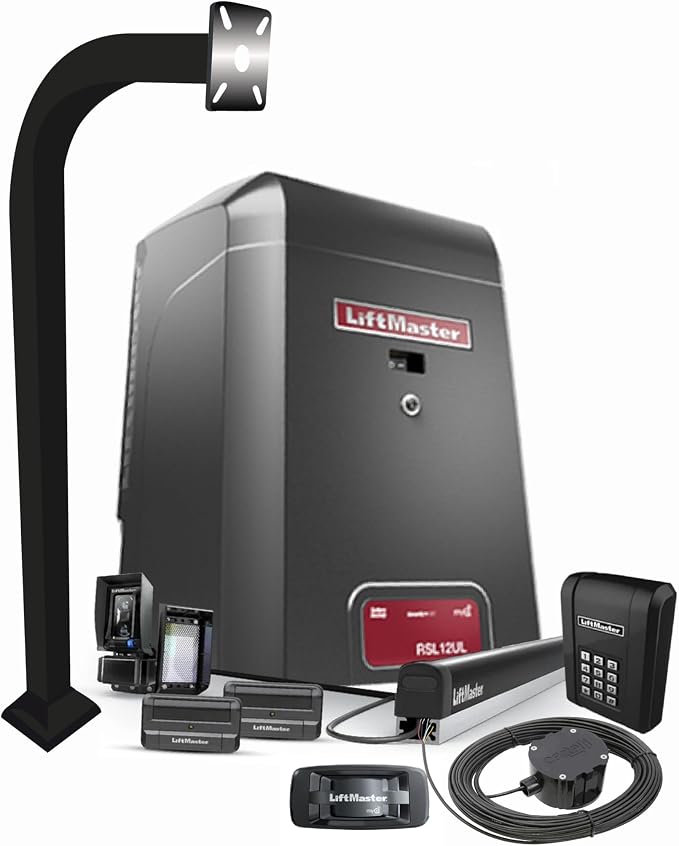 LiftMaster RSL12UL-MC Commercial Slide Gate Operator Kit – 12VDC with Battery Backup, myQ Gateway, Keypad, Safety Sensors, Remotes, CP4 Cartell & LA Ornamental 42" Aluminum Pedestal