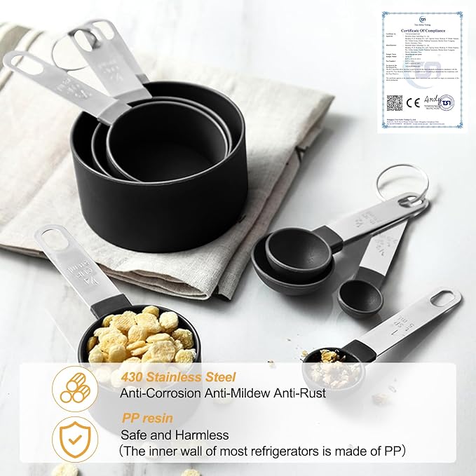 Fousenuk 8 Pieces Measuring Cups, Stackable Measuring Cups and Spoons Set with Stainless Steel Handle for Cooking and Baking, Measuring Tool for Measuring Liquids and Solids