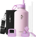 Coolflask Half Gallon Water Bottle Insulated with Straw & 3 Lids, 64 oz Water Jug Large Metal Stainless Steel Wide Mouth for Sports, Gym or Office, Non-BPA Keep Cold 48H Hot 24H, Pink