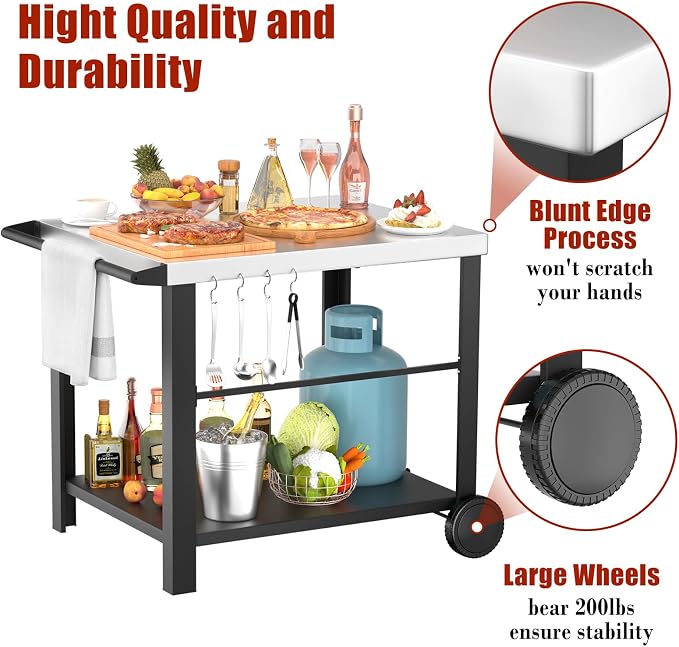 Grill Table Stand with Wheels, 24.4" x 38.3" x 30.9" | Extra-wide prep table for Ninja Woodfire, Blackstone griddles and pizza ovens, movable outdoor workspace