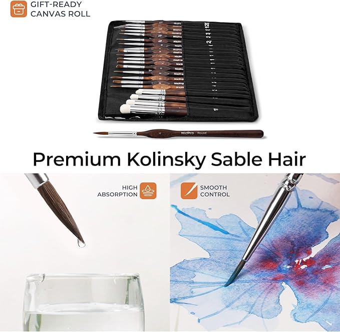Nicpro 22 PCS Kolinsky Sable Miniature Paint Brushes Dry Brush, Professional Model Paint Brush Set with Cloth Roll, Fine Detail Artist Brush Set for Miniatures, Acrylic & Figures, Model, Watercolor