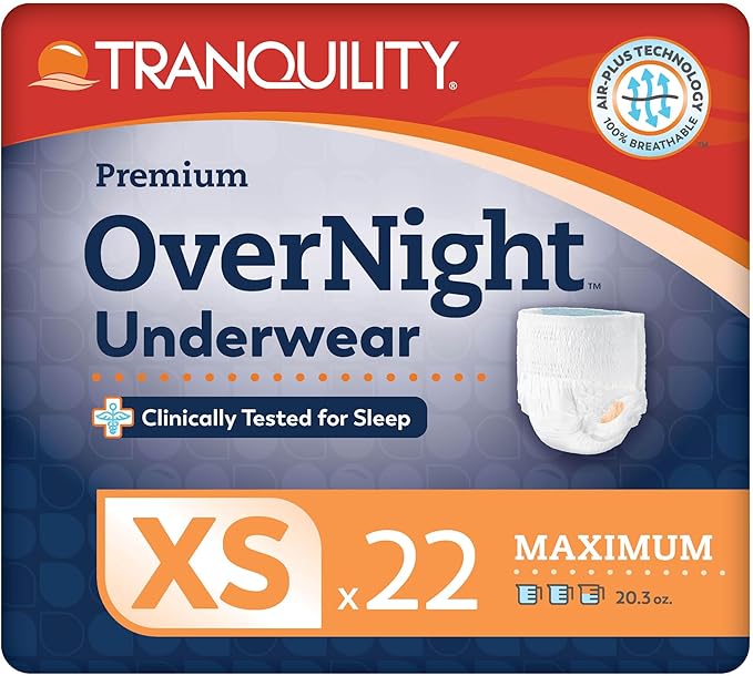 Tranquility Premium OverNight Disposable Absorbent Underwear (22 Count) - XS, 17-28 in. Waist - Maximum Absorbency, All-Night Sleep, Breathable Comfort, 22 Adult Diapers
