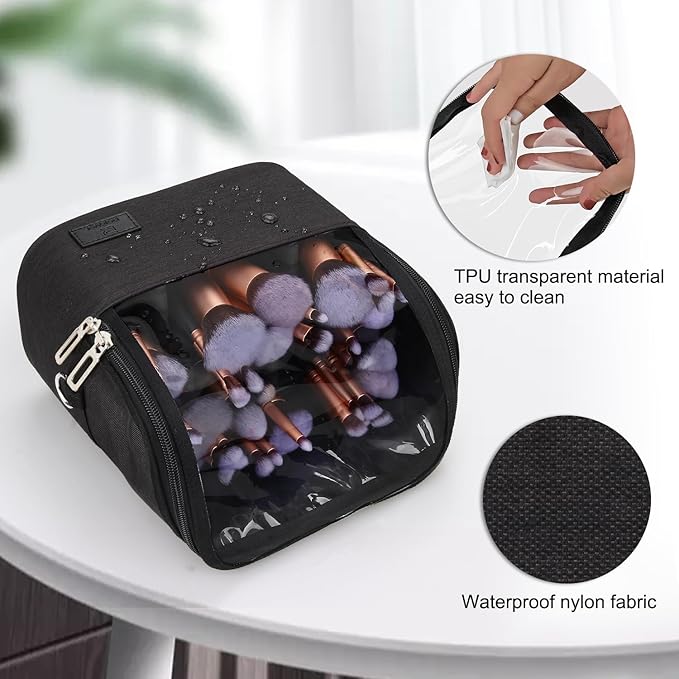 Makeup Brush Bag, Makeup Brush Holder Travel Stand-up Makeup Cup Large Makeup Brush Organizer Case Professional Cosmetic Bag Artist Storage Bag with Adjustable Divider (Large, Black)
