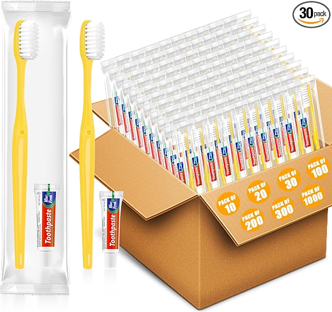 Disposable Toothbrushes with Toothpaste 30 Pack, Travel Size Toothbrush and Toothpaste Set, Bulk Tooth Brush Tooth Paste Kit, Individually Wrapped Travel Toiletries for Homeless, Hotel