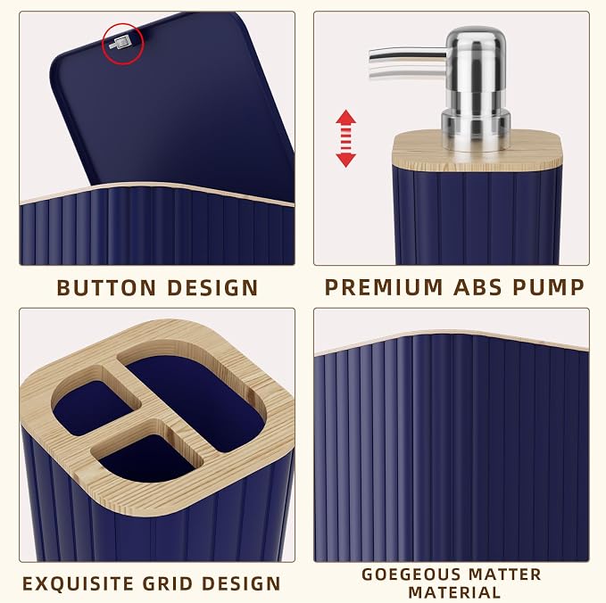 XLHOMO Bathroom Accessories Set - Elegant Blue Bathroom Set, 10PC Bathroom Accessory Set, Toilet Brush, Trash Can, Qtip Holder Dispenser & Soap Dispenser