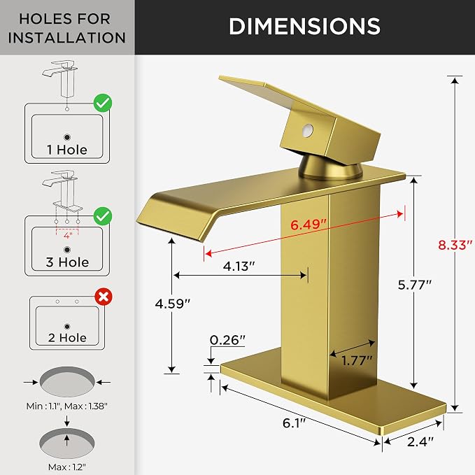 FORIOUS Gold Bathroom Faucet, Modern Waterfall Bathroom Sink Faucets 1 or 3 Hole Single Handle with Deck Plate and Drain, Suitable for Vanity Rv Camper Commerical