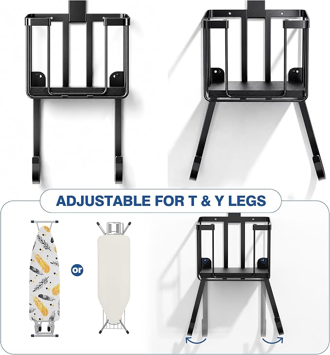 ORLESS Ironing Board Hanger Over Door & Wall Mount, Black | 2 in 1 Heavy Duty Iron Board Holder with Storage Basket, Fits T/Y Boards, Laundry Room Space Saver