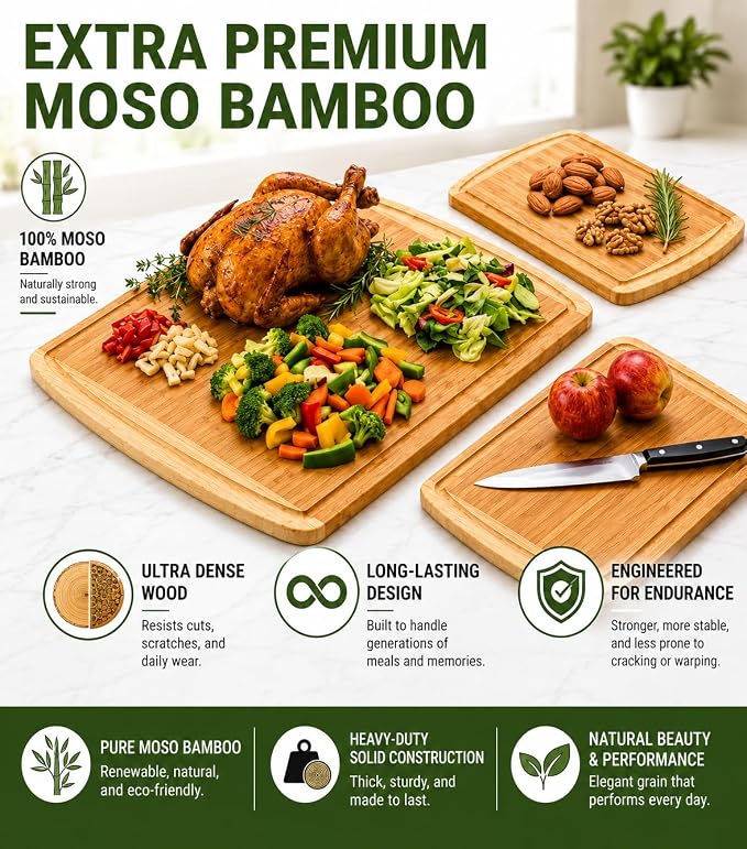 Greener Chef Luxury XL Bamboo Cutting Board Set of 3 with Vertical Grain Strength Technology - Extra Large Wood Cutting Boards for Kitchen and Lightweight Chopping Board Set - Replacements for Life