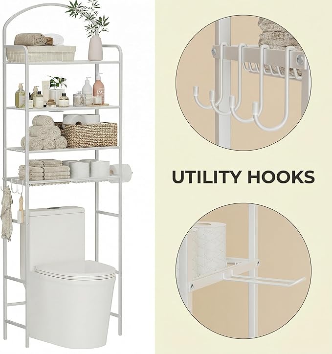 4-Tier Over The Toilet Storage, Bathroom Organizer, Space-Saving, 72" H Above Toilet Storage Rack with 4 Hooks and Paper Holder, Metal Shelf, White